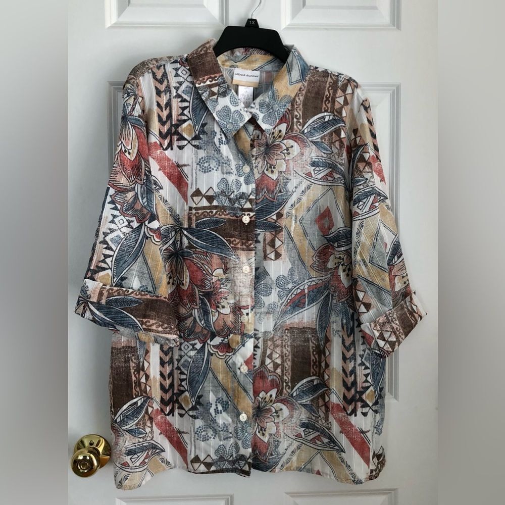 ALFRED DUNNER WOMEN'S TOP COLLARED NECK BUTTON DOWN PLUS SIZE 2X CLASSIC FLORAL